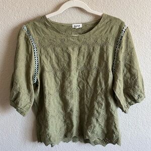 Kindred 100% Cotton Olive Green Eyelet Top Puff Sleeve Summer Spring Blouse